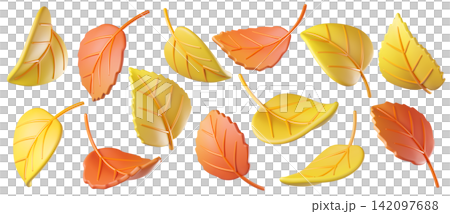 Set of 3d falling colorful autumn leaves in yellow and orange isolated on background, perfect for seasonal design, greeting cards, decor, scrapbooking, and festive branding.3d render Set of 3d falling colorful autumn leaves in yellow and orange isolated on background, perfect for seasonal design, greeting cards, decor, scrapbooking, and festive branding.3d render 142097688