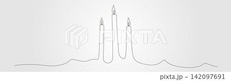 Three candle minimalist black line art illustration featuring a continuous single stroke. 142097691