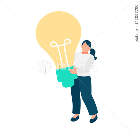 大きな電球を抱えてアイデア発想やひらめきを得る女性ビジネスパーソンのイラスト 大きな電球を抱えてアイデア発想やひらめきを得る女性ビジネスパーソンのイラスト 142097700