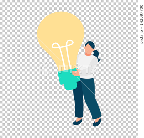 大きな電球を抱えてアイデア発想やひらめきを得る女性ビジネスパーソンのイラスト 大きな電球を抱えてアイデア発想やひらめきを得る女性ビジネスパーソンのイラスト 142097700