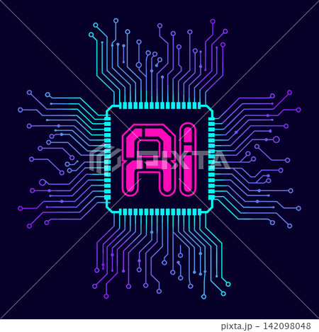 The image shows a digital illustration in a neon style, symbolizing artificial intelligence technologies 142098048