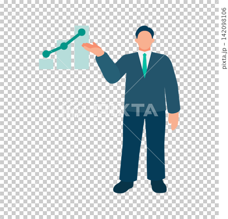 An illustration of a businessman pointing to and explaining an upward performance graph. Ideal for presentations on growth and increased sales. An illustration of a businessman pointing to and explaining an upward performance graph. Ideal for presentations on growth and increased sales. 142098106