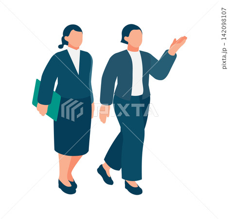 新入社員やインターン生を案内し丁寧に説明する先輩女性のイラスト OJTや研修の案内に最適 新入社員やインターン生を案内し丁寧に説明する先輩女性のイラスト OJTや研修の案内に最適 142098107
