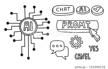 AI Prompt Interface Doodle Set. Circuit Chip, Chat Bubble, Gear, Yes Cancel Buttons, LLM Technology, Generative Artificial Intelligence And Digital Communication Isolated Outline Vector illustration. AI Prompt Interface Doodle Set. Circuit Chip, Chat Bubble, Gear, Yes Cancel Buttons, LLM Technology, Generative Artificial Intelligence And Digital Communication Isolated Outline Vector illustration. 142098238