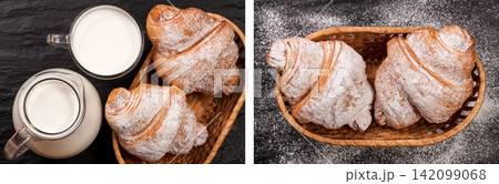 A jug and a glass of milk with two croissants on a black stone background. Top view 142099068