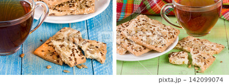 crispy bread with seeds of sunflower, flax and sesame seeds with a cup of tea on a blue and green wooden background crispy bread with seeds of sunflower, flax and sesame seeds with a cup of tea on a blue and green wooden background 142099074