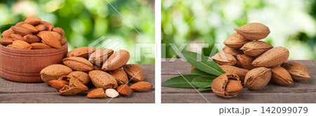 almonds in a bowl on the old wooden board with blurred garden background almonds in a bowl on the old wooden board with blurred garden background 142099079