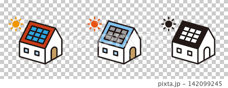 A solar panel icon. A house with solar panels. A home with self-generated power. A solar panel icon. A house with solar panels. A home with self-generated power. 142099245