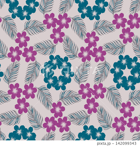 Tropical seamless floral pattern with exotic flowers and palm leaves. Botanical summer print for textile, fabric, wallpaper, and wrapping paper. 142099343
