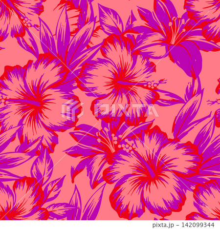 Vibrant tropical seamless pattern with brush stroke hibiscus flowers. Exotic floral background for fabric, textile, wallpaper, and summer fashion. Vibrant tropical seamless pattern with brush stroke hibiscus flowers. Exotic floral background for fabric, textile, wallpaper, and summer fashion. 142099344