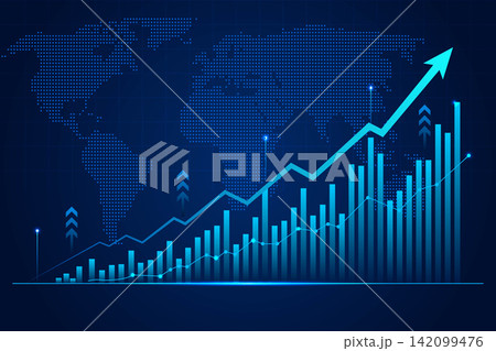 Blue Digital Bar and Line Graph with Upward Arrow over Faint World Map Blue Digital Bar and Line Graph with Upward Arrow over Faint World Map 142099476