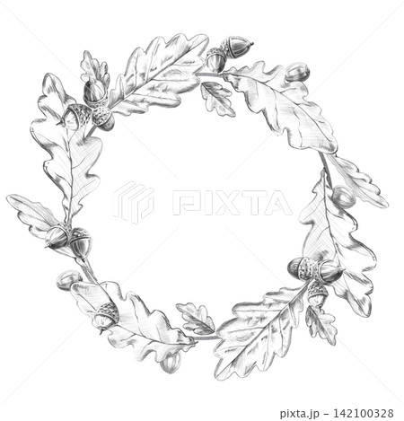 Flying oak leaves and acorns in a round frame. Isolated pencil illustration is perfect for cards, invitations, seasonal decorations, and logo design for craft supplies. Flying oak leaves and acorns in a round frame. Isolated pencil illustration is perfect for cards, invitations, seasonal decorations, and logo design for craft supplies. 142100328