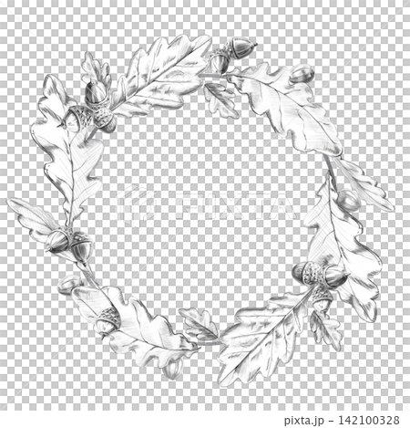 Flying oak leaves and acorns in a round frame. Isolated pencil illustration is perfect for cards, invitations, seasonal decorations, and logo design for craft supplies. Flying oak leaves and acorns in a round frame. Isolated pencil illustration is perfect for cards, invitations, seasonal decorations, and logo design for craft supplies. 142100328