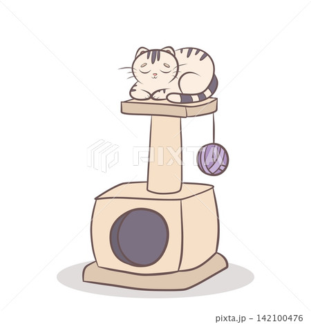 A vector illustration of a cute cat relaxing on a scratching post A vector illustration of a cute cat relaxing on a scratching post 142100476