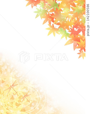 鮮やかな紅葉と蜻蛉の背景イラスト素材(縦)/幻想的な紅葉のフレーム、枠 鮮やかな紅葉と蜻蛉の背景イラスト素材(縦)/幻想的な紅葉のフレーム、枠 142100586