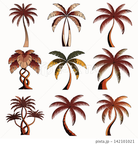 This is a collection of stylized palm tree illustrations depicting tropical and exotic natural elements in various color schemes This is a collection of stylized palm tree illustrations depicting tropical and exotic natural elements in various color schemes 142101021