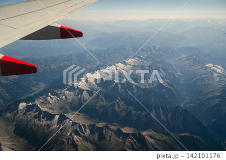 Switzerland, July 25, 2026: Aerial view of rugged Swiss Alps mountain landscape with valleys and alpine terrain, travel and tourism 142101176