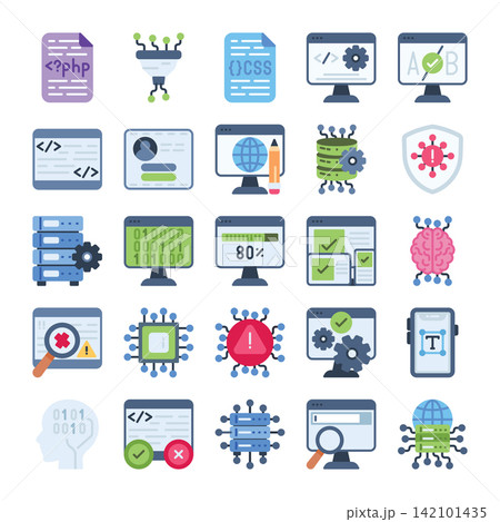 Coding and programming icon set featuring web development, software, database, security, and coding tools in colorful flat style Ideal for technology, software, apps, and developer projects Coding and programming icon set featuring web development, software, database, security, and coding tools in colorful flat style Ideal for technology, software, apps, and developer projects 142101435