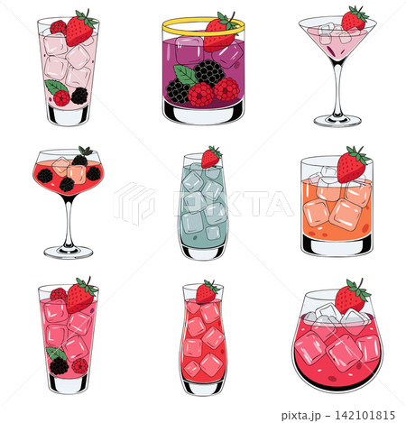 This illustration features a collection of nine different summer cocktails, including the Mojito, Paloma, and Cosmopolitan 142101815