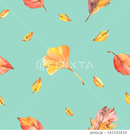 Autumn leaves, large and small, yellow, orange, and yellow, flying on a turquoise background. Hand-drawn watercolor illustration. Seamless pattern for packaging, textiles, and backgrounds. Autumn leaves, large and small, yellow, orange, and yellow, flying on a turquoise background. Hand-drawn watercolor illustration. Seamless pattern for packaging, textiles, and backgrounds. 142101819