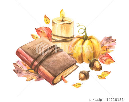 Autumn watercolor still life with closed book, pumpkin, acorns, candle, and fallen leaves for seasonal harvest decor and cozy fall design Autumn watercolor still life with closed book, pumpkin, acorns, candle, and fallen leaves for seasonal harvest decor and cozy fall design 142101824