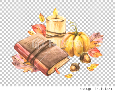 Autumn watercolor still life with closed book, pumpkin, acorns, candle, and fallen leaves for seasonal harvest decor and cozy fall design Autumn watercolor still life with closed book, pumpkin, acorns, candle, and fallen leaves for seasonal harvest decor and cozy fall design 142101824