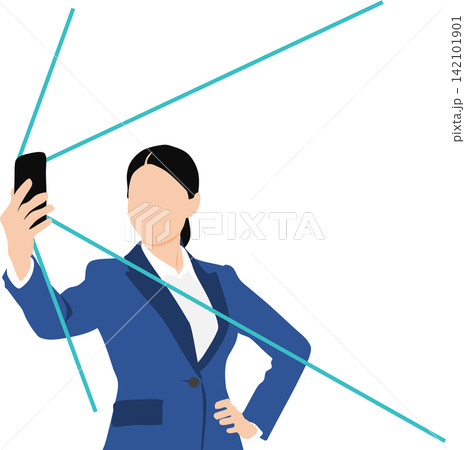 スマホで自撮りをするビジネスウーマンの後ろ姿のイラスト スマホで自撮りをするビジネスウーマンの後ろ姿のイラスト 142101901