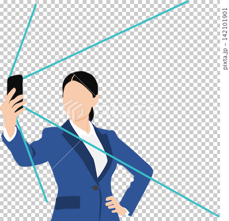 スマホで自撮りをするビジネスウーマンの後ろ姿のイラスト スマホで自撮りをするビジネスウーマンの後ろ姿のイラスト 142101901