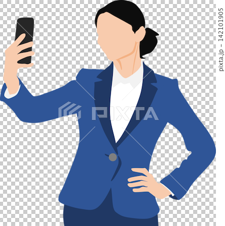 當一位女商人用智慧型手機自拍時,她的背影被描繪出來。 當一位女商人用智慧型手機自拍時,她的背影被描繪出來。 142101905