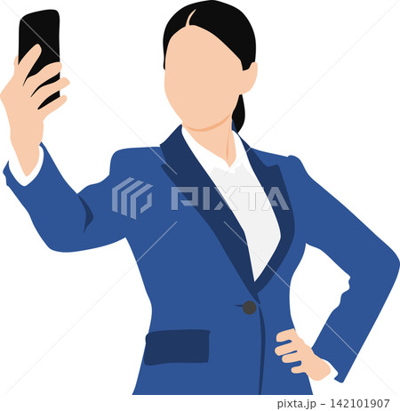 スマホで自撮りをするビジネスウーマンの後ろ姿のイラスト スマホで自撮りをするビジネスウーマンの後ろ姿のイラスト 142101907