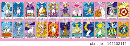 Colorful cat tarot card collection featuring the complete Major Arcana with mystical feline characters celestial symbols and classic divination imagery Colorful cat tarot card collection featuring the complete Major Arcana with mystical feline characters celestial symbols and classic divination imagery 142102113