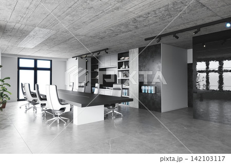 A modern 3D rendered conference room with a large black table, white chairs, concrete ceiling, and grey tiled floor. A modern 3D rendered conference room with a large black table, white chairs, concrete ceiling, and grey tiled floor. 142103117