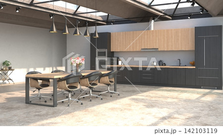 A 3D rendered modern kitchen featuring wood and dark grey cabinets, a dining table, black chairs, and a large skylight. 142103119