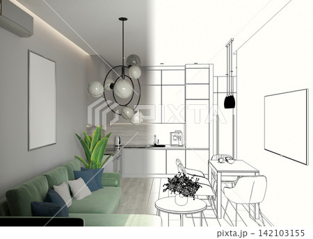 residential interior visualization, 3D illustration, cg residential interior visualization, 3D illustration, cg 142103155