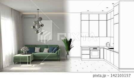 residential interior visualization, 3D illustration, cg residential interior visualization, 3D illustration, cg 142103157