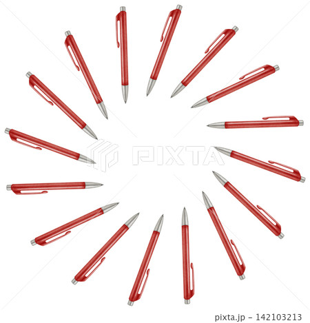 Watercolor red ballpoint pens arranged in a circular wreath frame. Stationery. Traditional symbol of the first of September, knowledge day, back to school season 142103213