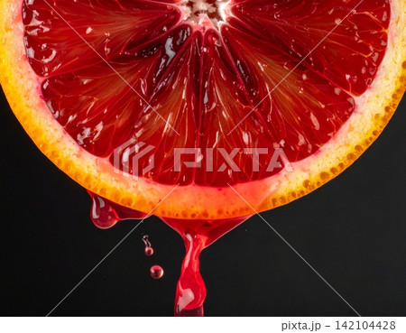 A halved blood orange bursts mid-splash, droplets of juice A halved blood orange bursts mid-splash, droplets of juice 142104428