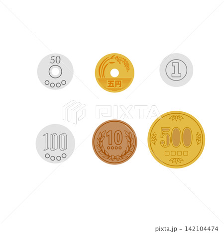日本の六種類の硬貨と主線なしな小銭の素材 日本の六種類の硬貨と主線なしな小銭の素材 142104474