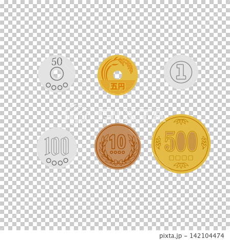 日本の六種類の硬貨と主線なしな小銭の素材 日本の六種類の硬貨と主線なしな小銭の素材 142104474