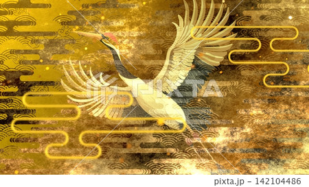 金箔と吉祥文様を背景に舞う二羽の鶴を描いた豪華な和風背景 金箔と吉祥文様を背景に舞う二羽の鶴を描いた豪華な和風背景 142104486
