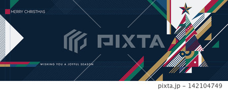 Merry Christmas greeting banner with abstract geometric Christmas tree on navy blue background modern retro style horizontal template have blank space. Merry Christmas greeting banner with abstract geometric Christmas tree on navy blue background modern retro style horizontal template have blank space. 142104749