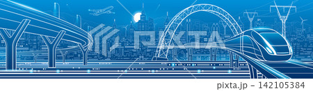 Futuristic high speed train traveling through a modern smart city with elevated transportation infrastructure, highway, bridge, power lines, airplane and urban skyline Futuristic high speed train traveling through a modern smart city with elevated transportation infrastructure, highway, bridge, power lines, airplane and urban skyline 142105384