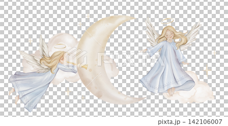 Christmas composition with two angels trumpets with light hair and nimbus on moon. Watercolor illustration Christian Nativity angel with wings and stars and clouds for religious baptism invitation. Christmas composition with two angels trumpets with light hair and nimbus on moon. Watercolor illustration Christian Nativity angel with wings and stars and clouds for religious baptism invitation. 142106007