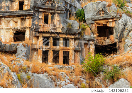 Rock-cut tombs of Lycian necropolis of the ancient city of Myra in Demre, Antalya province in Turkey 142106282