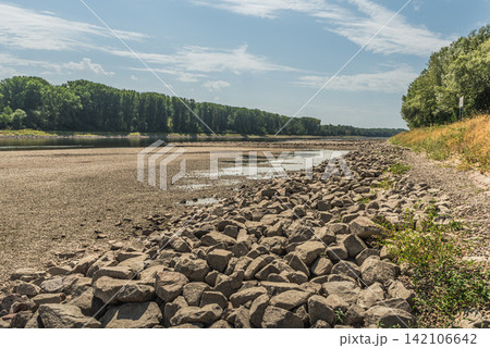 Dry riverbed of the Rhine River due to climate change and severe drought, Germany 142106642