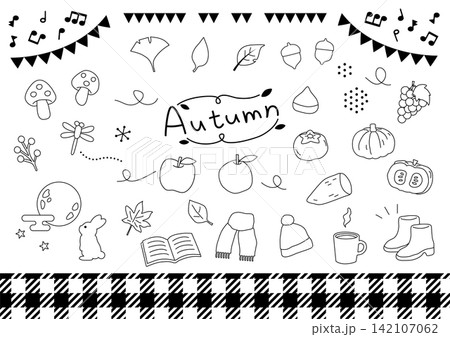 秋のモチーフ手描き線画アイコンセット 秋のモチーフ手描き線画アイコンセット 142107062