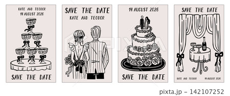 Wine in hand. Cocktail drink party, hand drawn hold champagne glass. Vintage toast sketch, man with woman and alcohol. Wedding posters. Hand drawn templates. Vector save the date cards set 142107252