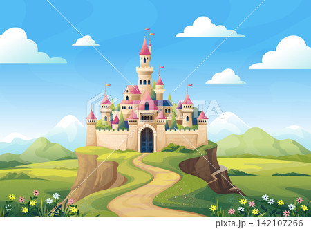 Medieval background. Fantasy kingdom, fairytale cloud on magic hill, old king road in mountains. Castle landscape. Fortress on hill with towers. Vector scene cartoon isolated illustration Medieval background. Fantasy kingdom, fairytale cloud on magic hill, old king road in mountains. Castle landscape. Fortress on hill with towers. Vector scene cartoon isolated illustration 142107266
