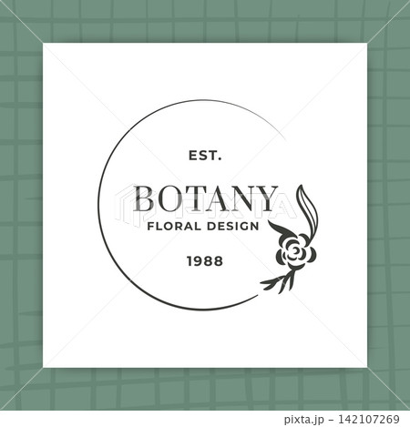 Circle flower wreath. Floral logo emblem. Minimal botanical badge with rose icon and circular wedding frame, elegant brand identity, stationery and professional graphic label. Vector template Circle flower wreath. Floral logo emblem. Minimal botanical badge with rose icon and circular wedding frame, elegant brand identity, stationery and professional graphic label. Vector template 142107269