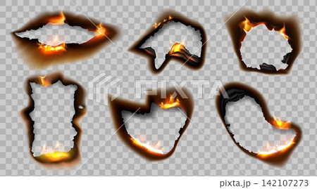 Paper burn. Circle fire burnt, flame hole or rectangle ripped frame effect. Spark edge empty border on transparent background, oval ragged decorative shapes. Vector isolated texture set Paper burn. Circle fire burnt, flame hole or rectangle ripped frame effect. Spark edge empty border on transparent background, oval ragged decorative shapes. Vector isolated texture set 142107273